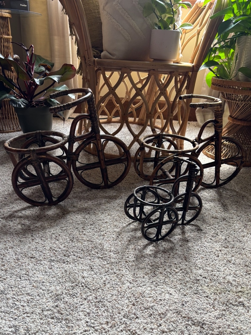 1970’s Rattan Tricycle Plant Stands - 3pc Set